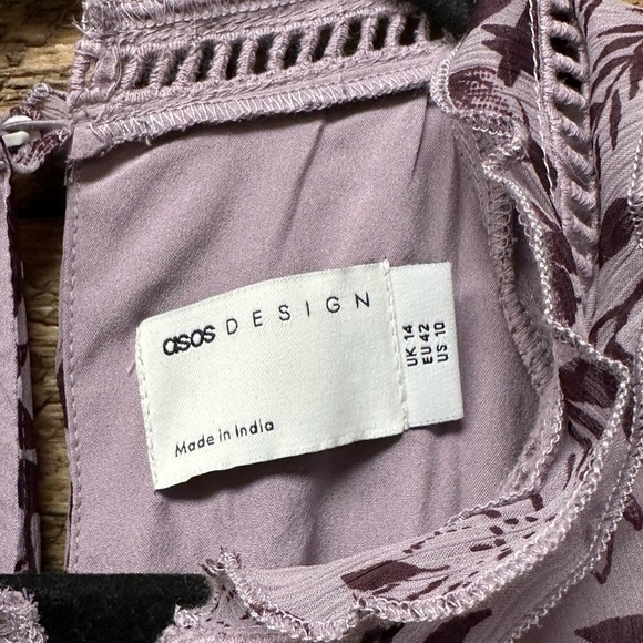 ASOS DESIGN frill mini dress with button detail in dusty purple toile du jouy - Picture 4 of 9